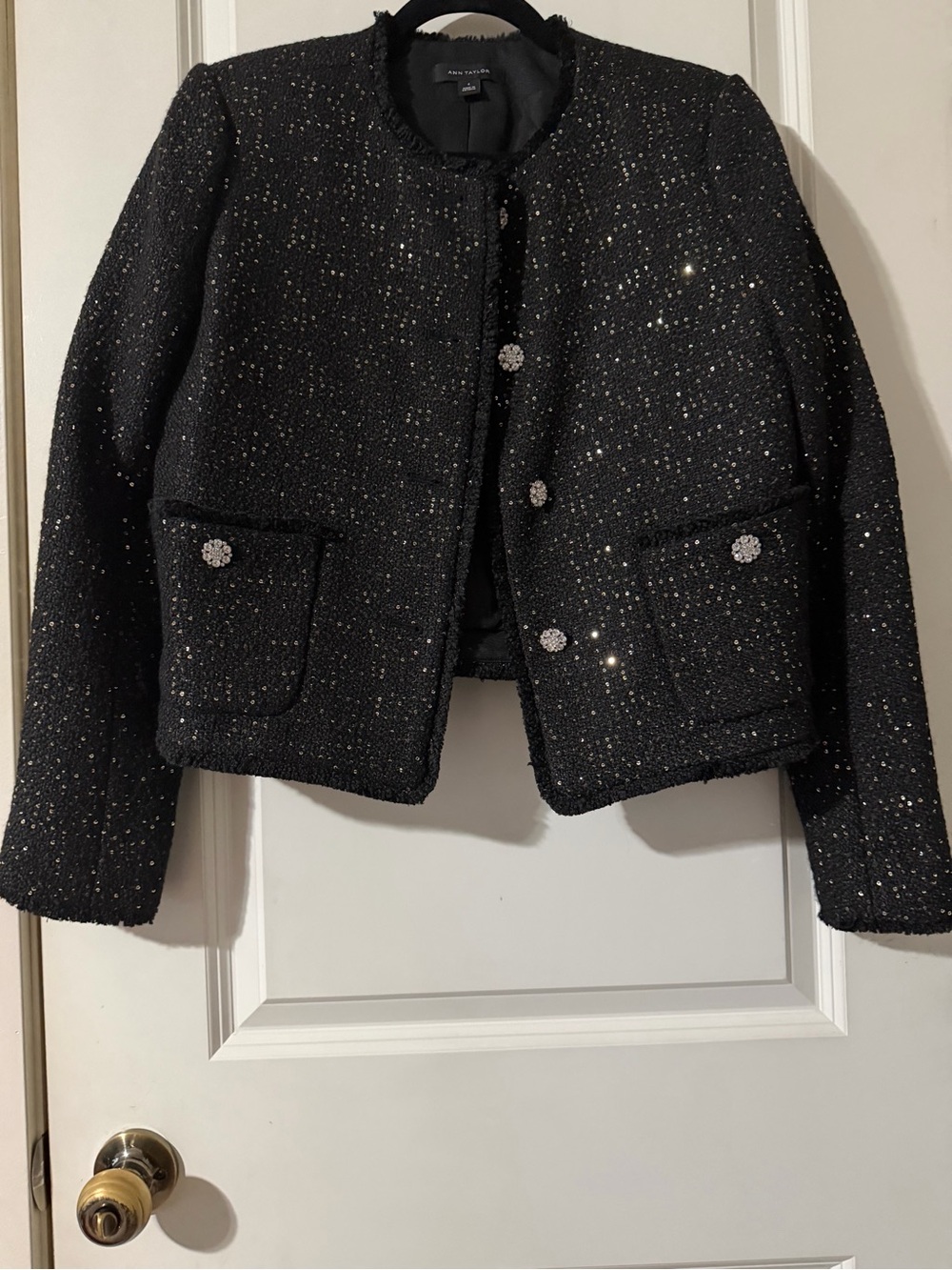 Ann Taylor Black Sparkle Tweed Jacket with Rhinestone Buttons